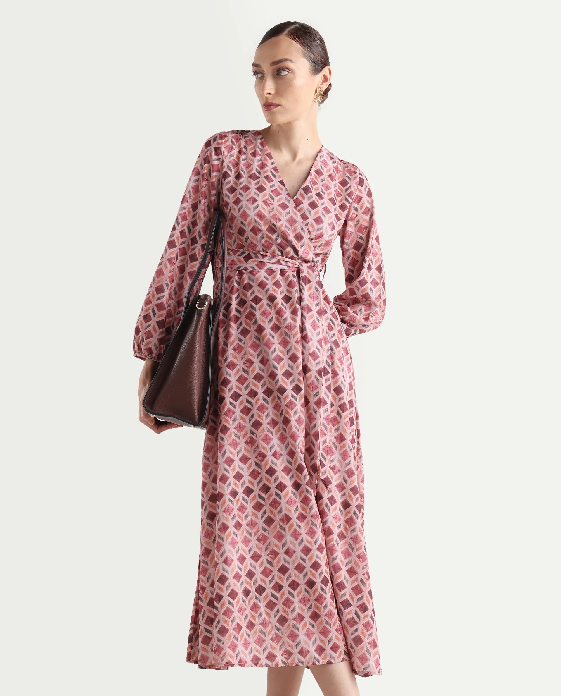 Rareism Women's Jorci Multi Polyester Overlap Neck Geometric Print Bishop Sleeve Maxi Fit And Flare Dress