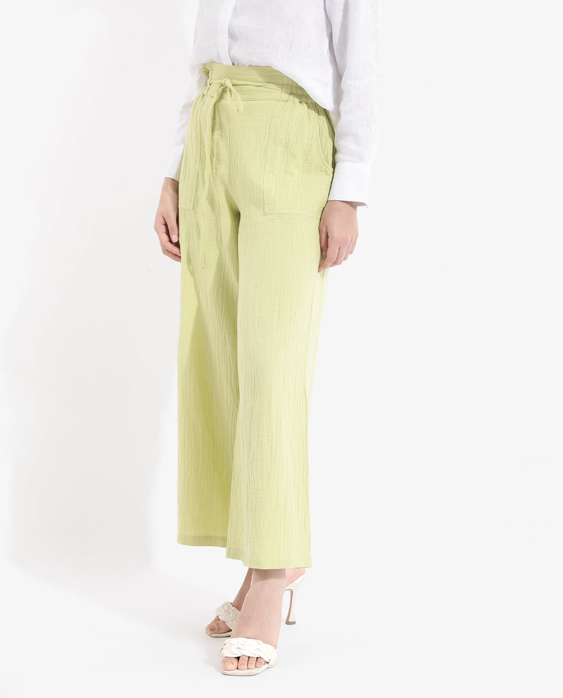 Rareism Women Jorden-B Flouroscent Green Tie Up Wide Fit Ankle Length Plain Trouser