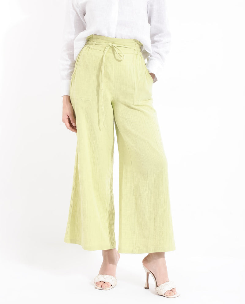 Rareism Women Jorden-B Flouroscent Green Tie Up Wide Fit Ankle Length Plain Trouser