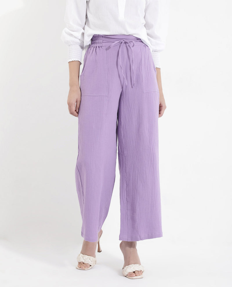 Rareism Women Jorden-B Pastel Purple Tie Up Wide Fit Ankle Length Plain Trouser