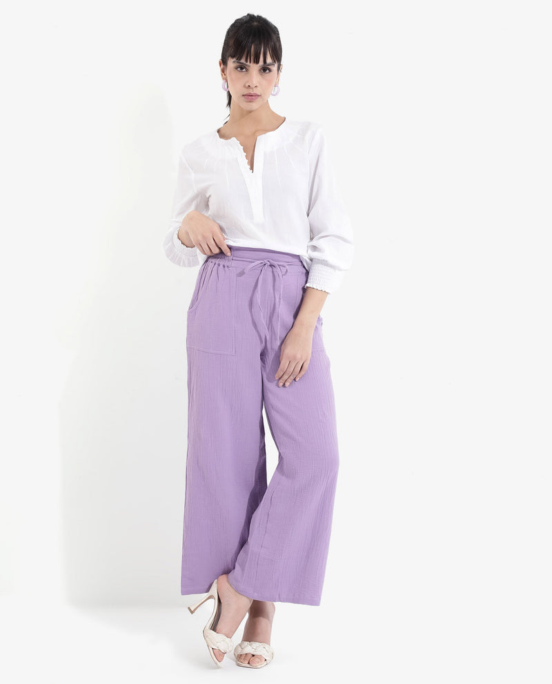 Rareism Women Jorden-B Pastel Purple Tie Up Wide Fit Ankle Length Plain Trouser