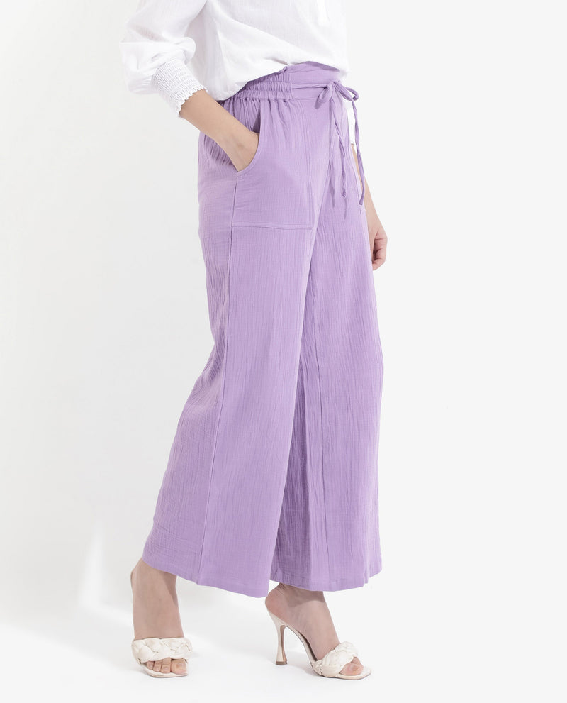 Rareism Women Jorden-B Pastel Purple Tie Up Wide Fit Ankle Length Plain Trouser