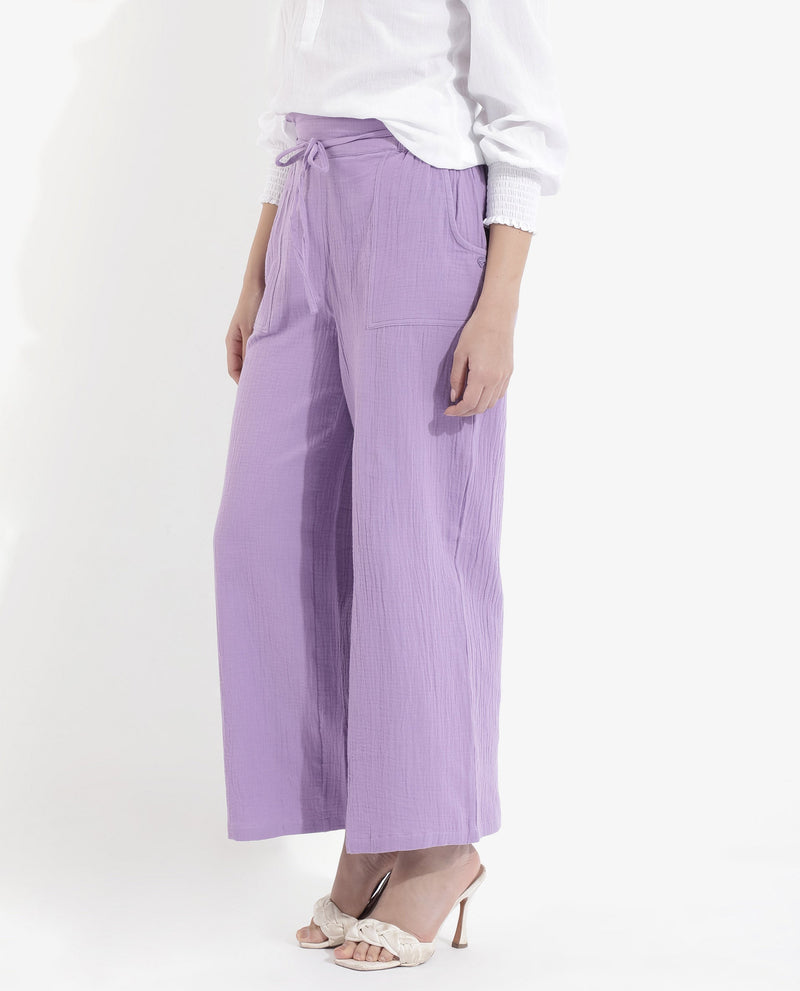 Rareism Women Jorden-B Pastel Purple Tie Up Wide Fit Ankle Length Plain Trouser