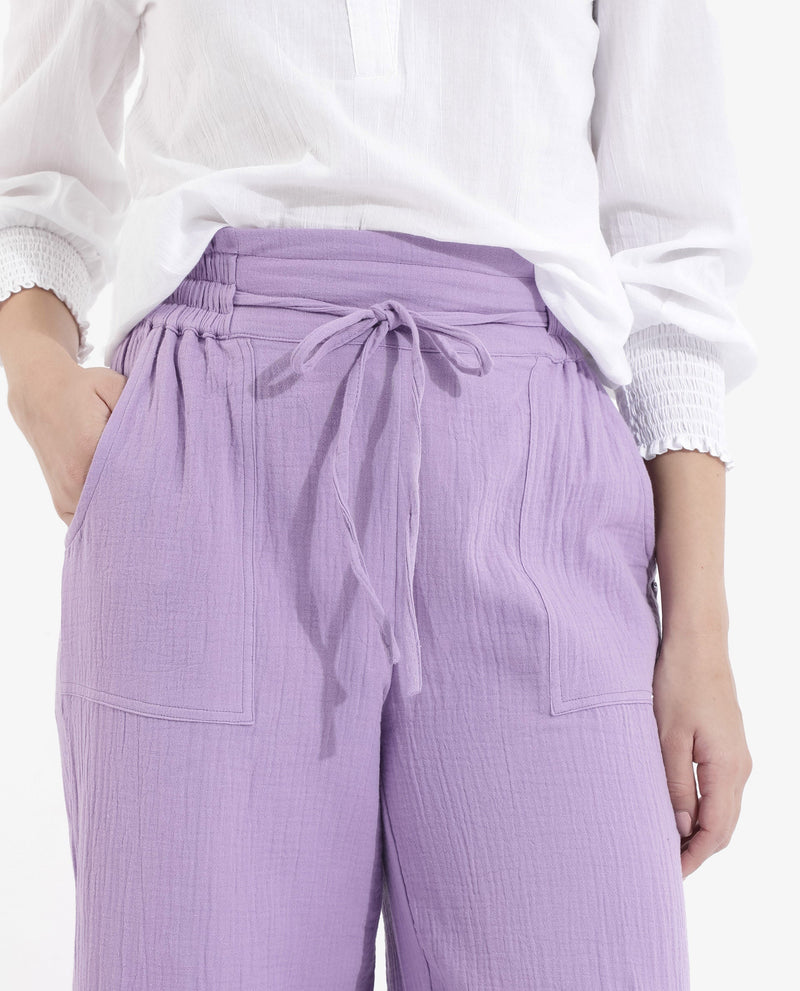 Rareism Women Jorden-B Pastel Purple Tie Up Wide Fit Ankle Length Plain Trouser