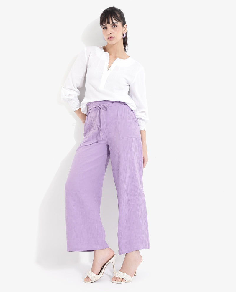 Rareism Women Jorden-B Pastel Purple Tie Up Wide Fit Ankle Length Plain Trouser