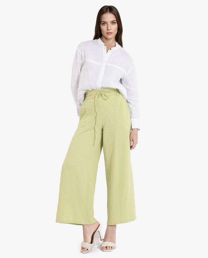 Rareism Women Jorden-B Flouroscent Green Tie Up Wide Fit Ankle Length Plain Trouser