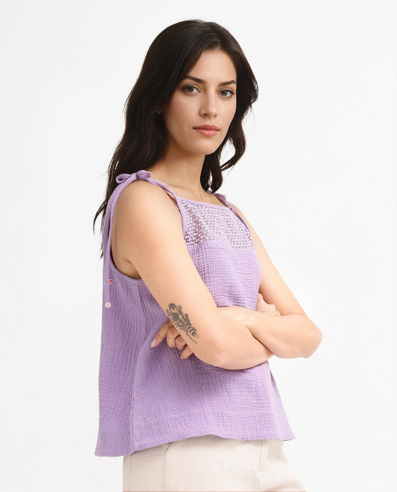 Rareism Women Jordyn-T Pastel Purple Cotton Fabric Sleeveless Shoulder Straps Tie Up Closure Plain Top