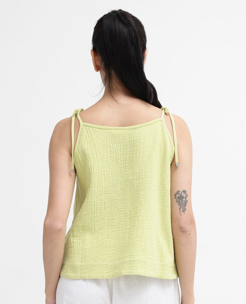 Rareism Women Jordyn-T Flouroscent Green Cotton Fabric Sleeveless Shoulder Straps Tie Up Closure Plain Top