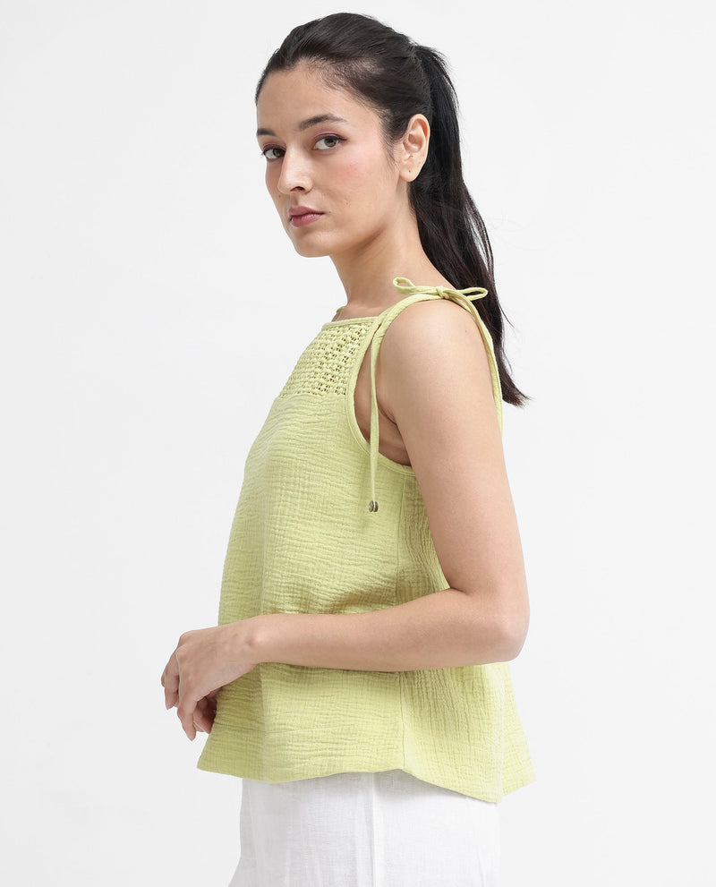 Rareism Women Jordyn-T Flouroscent Green Cotton Fabric Sleeveless Shoulder Straps Tie Up Closure Plain Top