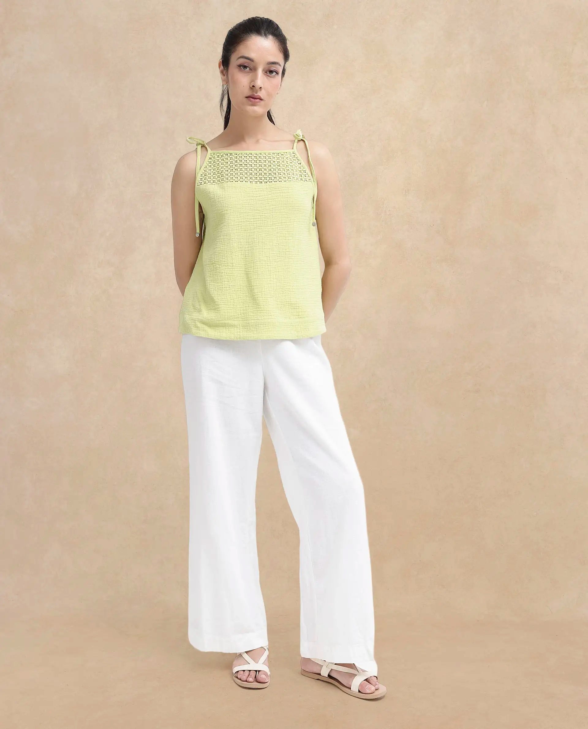 Rareism Women Jordyn-T Flouroscent Green Cotton Fabric Sleeveless Shoulder Straps Tie Up Closure Plain Top