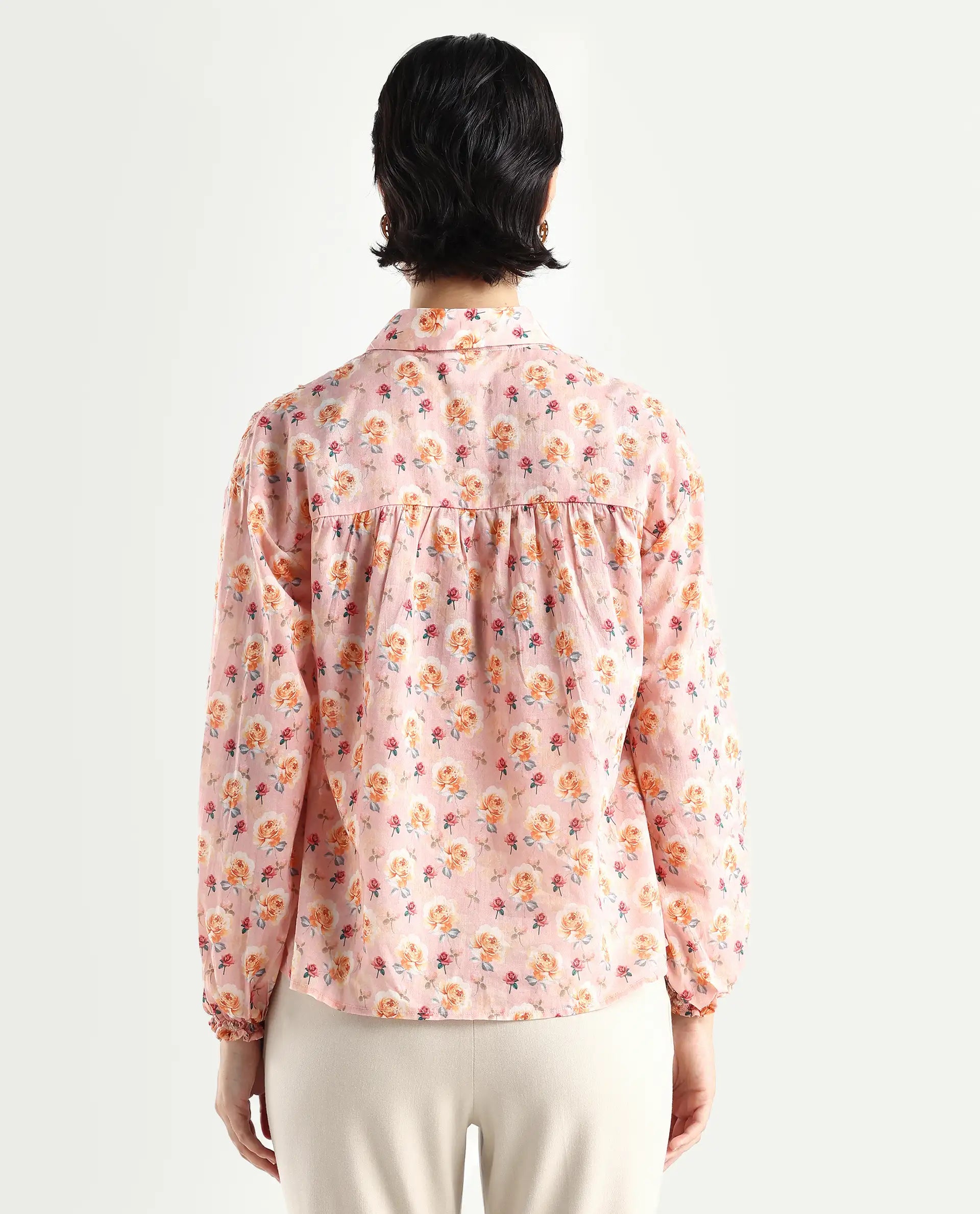 Rareism Women's Joyce Pink Cotton Spread Collar Floral Print Regular Fit Top