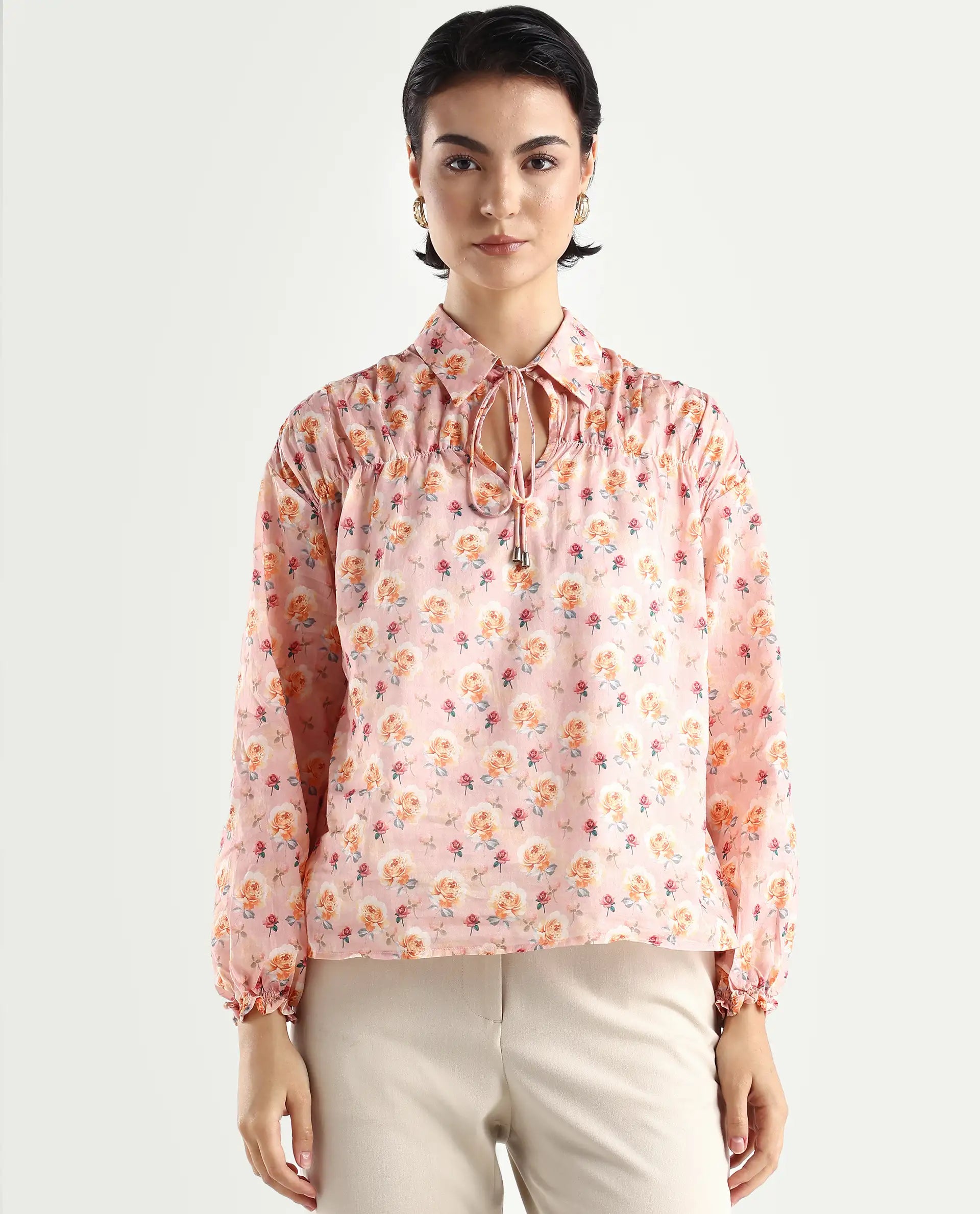 Rareism Women's Joyce Pink Cotton Spread Collar Floral Print Regular Fit Top
