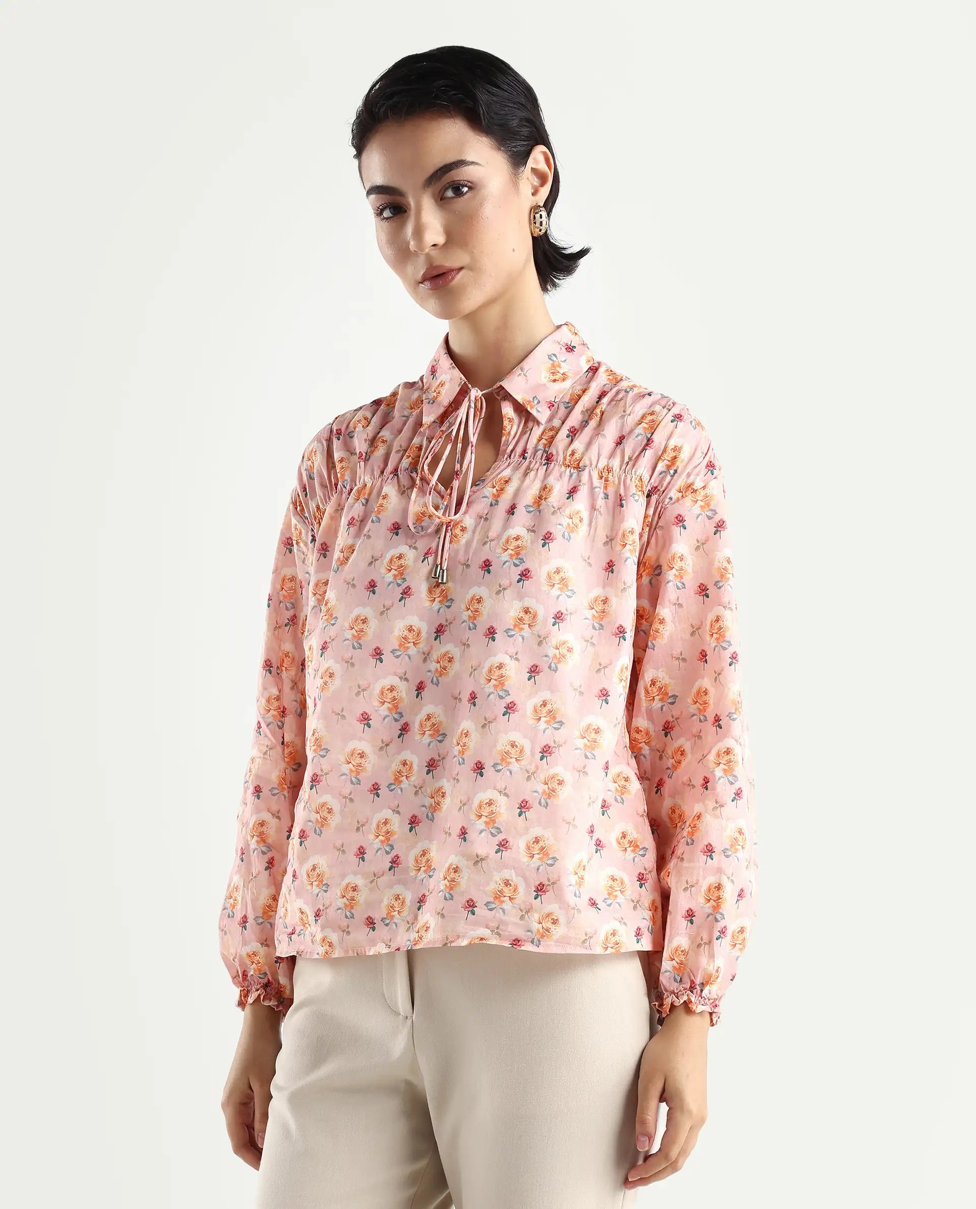Rareism Women's Joyce Pink Cotton Spread Collar Floral Print Regular Fit Top