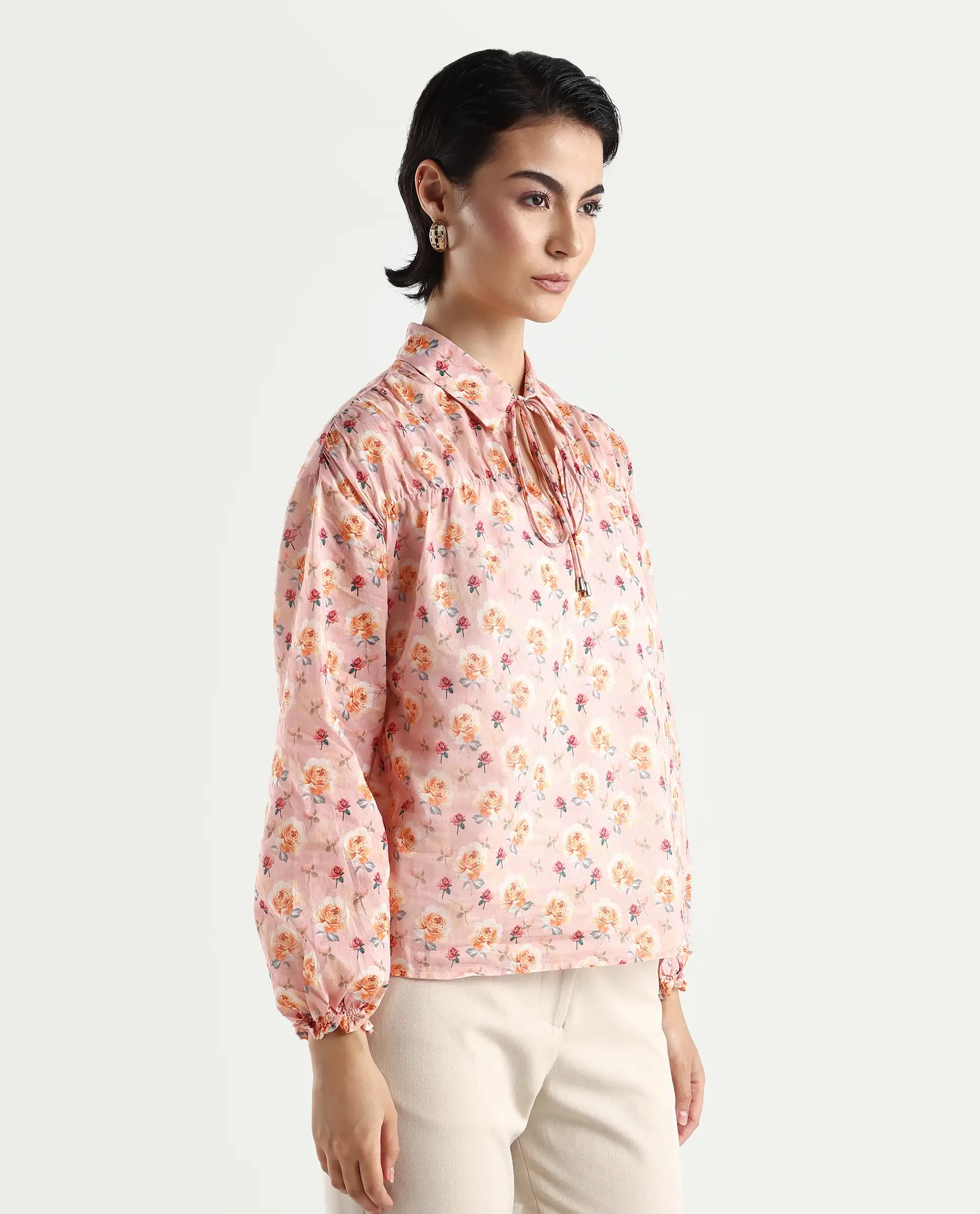 Rareism Women's Joyce Pink Cotton Spread Collar Floral Print Regular Fit Top