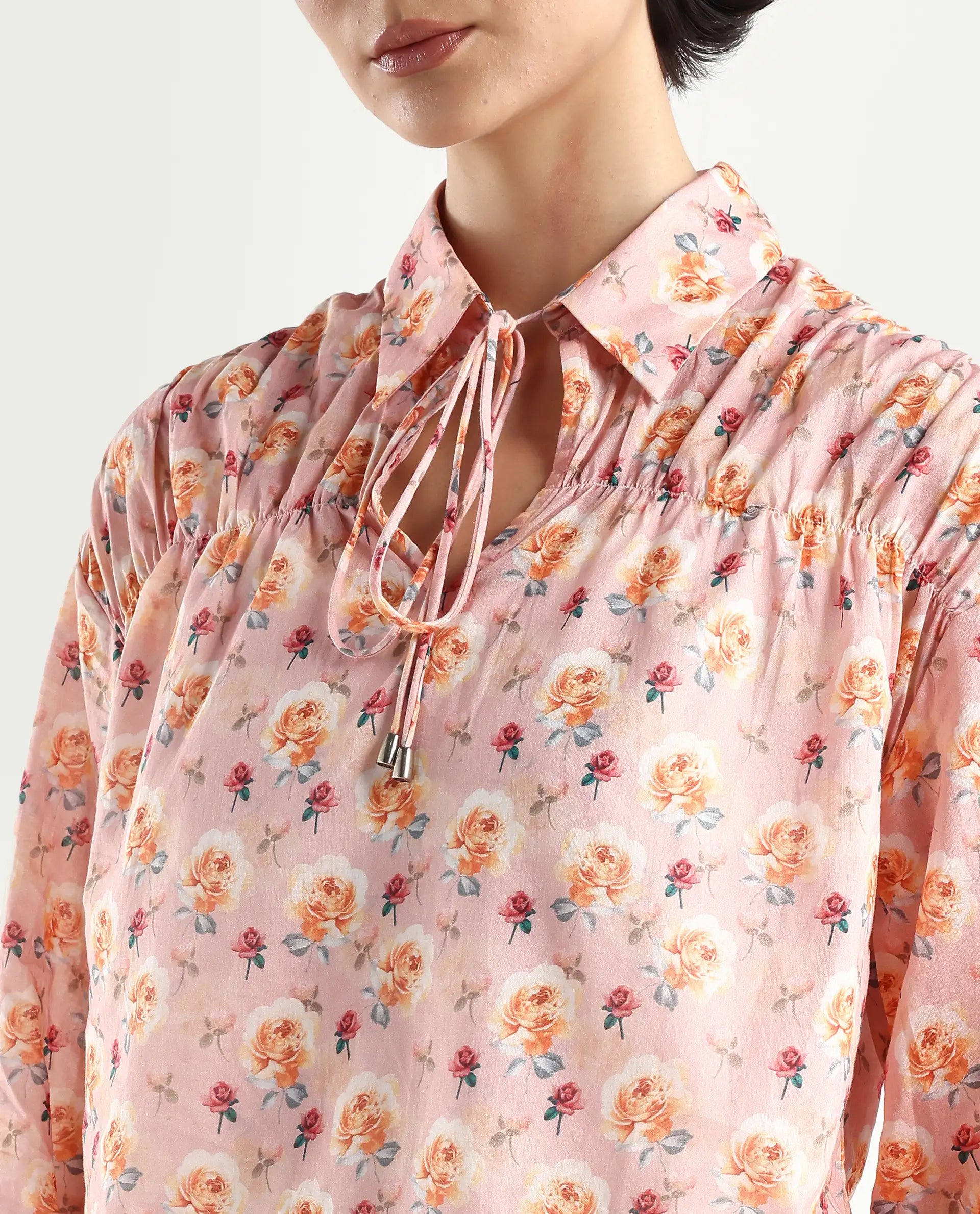 Rareism Women's Joyce Pink Cotton Spread Collar Floral Print Regular Fit Top