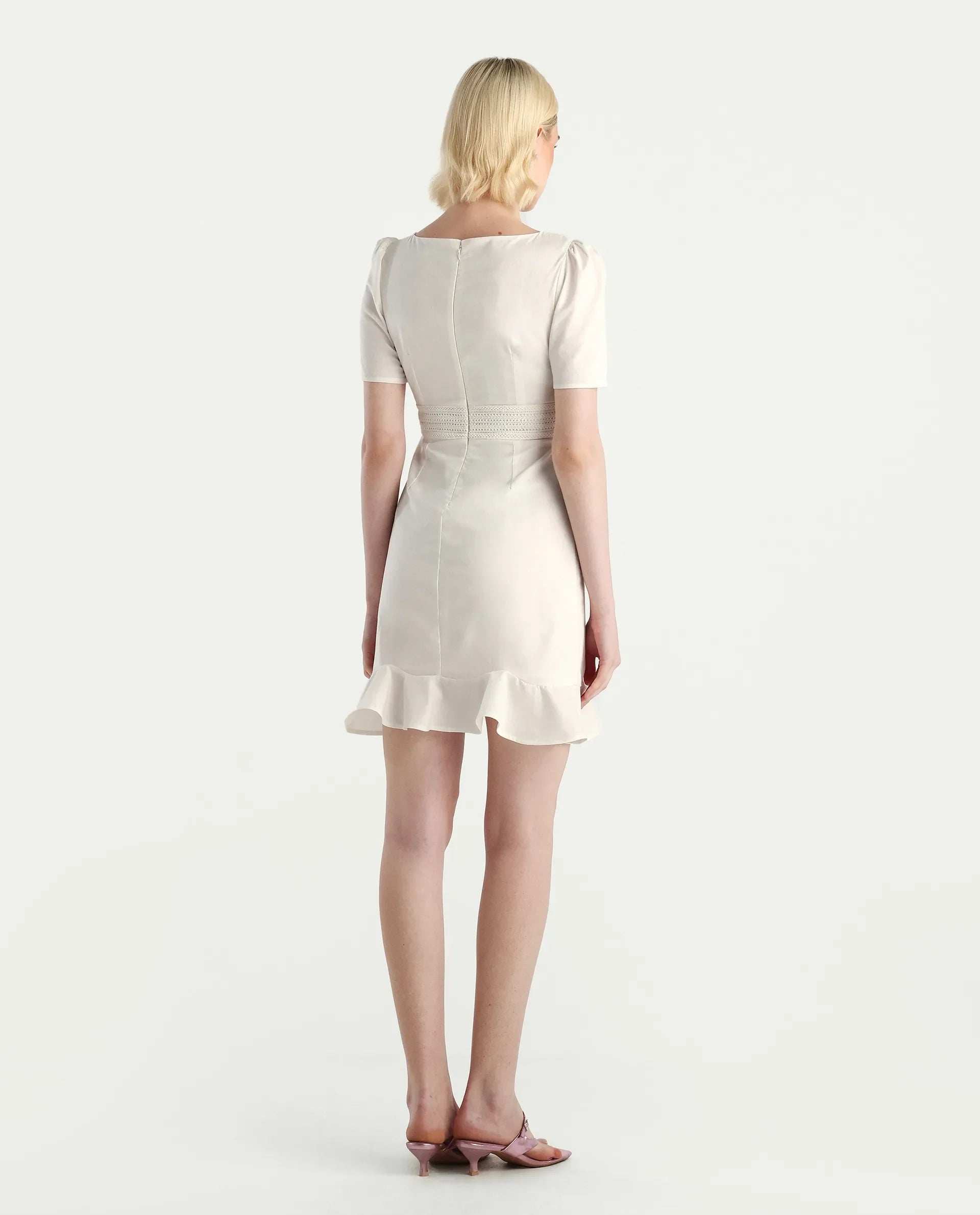 Rareism Women's Jubag Off White Cotton Blend Round Neck Fitted Plain Dress