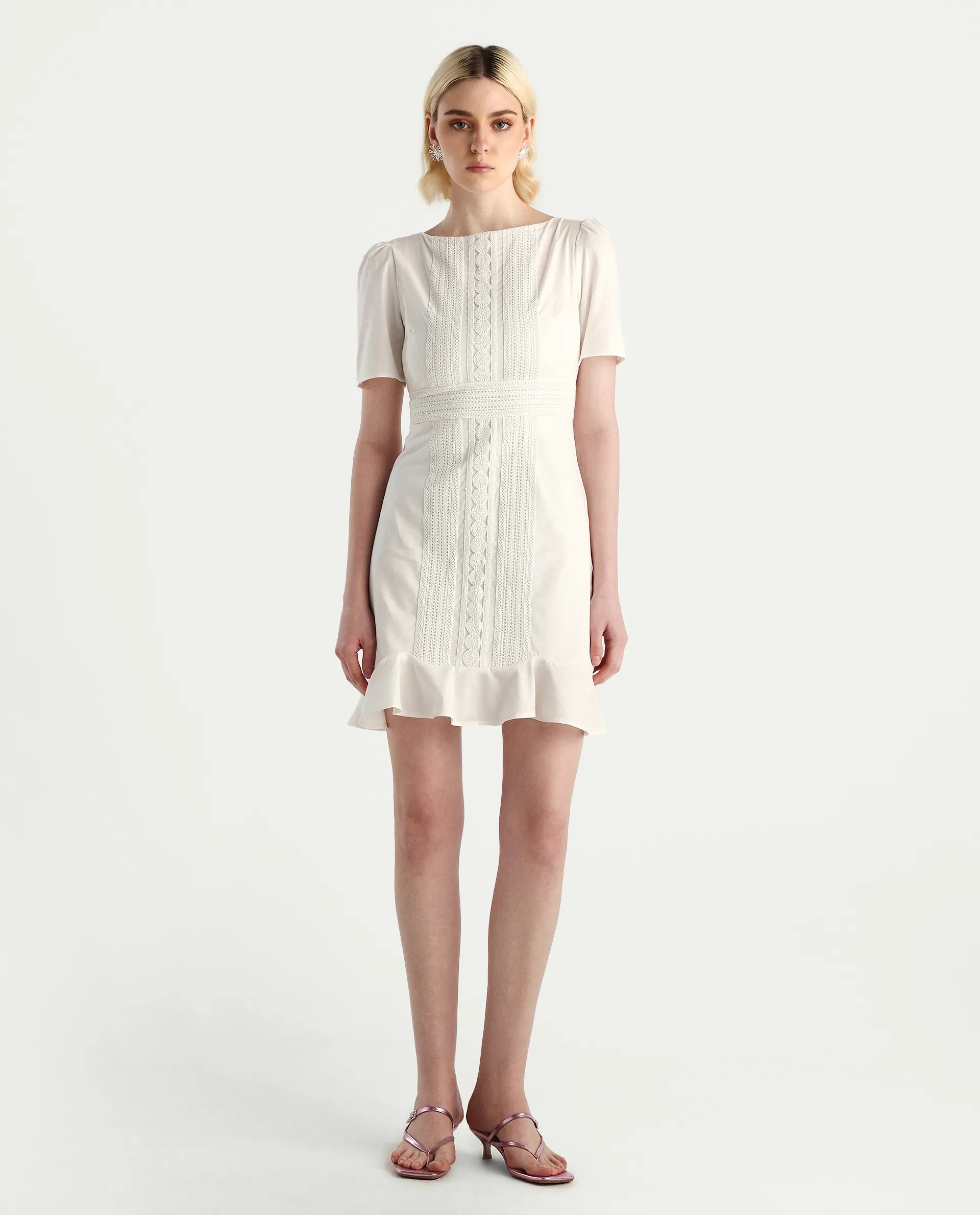 Rareism Women's Jubag Off White Cotton Blend Round Neck Fitted Plain Dress