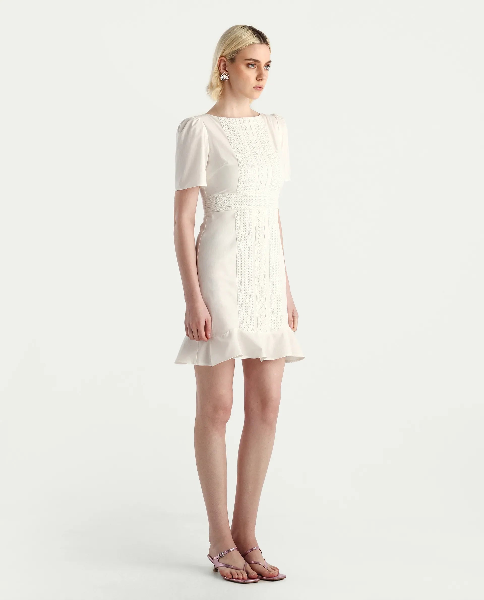 Rareism Women's Jubag Off White Cotton Blend Round Neck Fitted Plain Dress