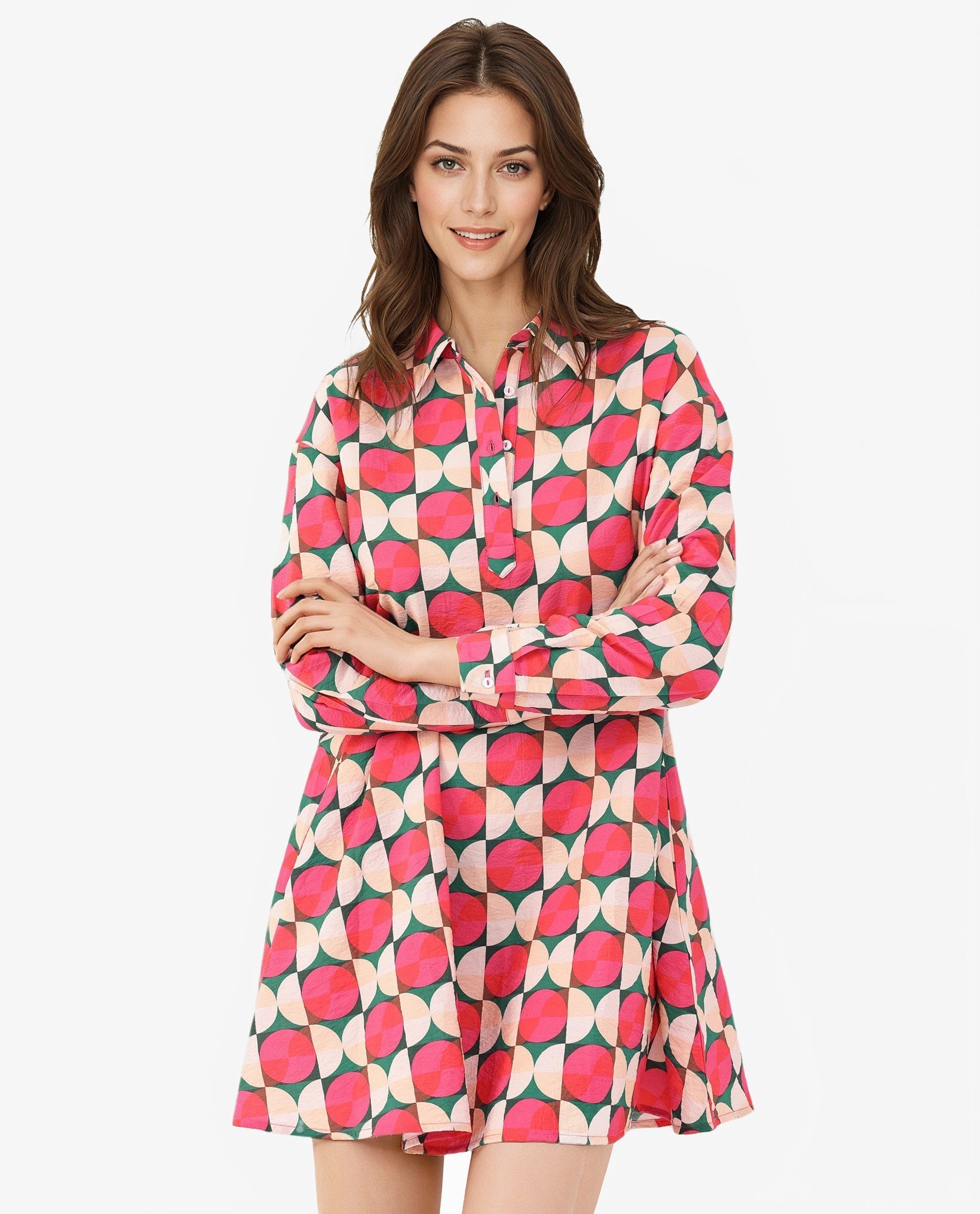 Rareism Women's Judeth Multi  Drop Collar Button Closure Cuffed Sleeve Geometric Print A-Line Mini Dress