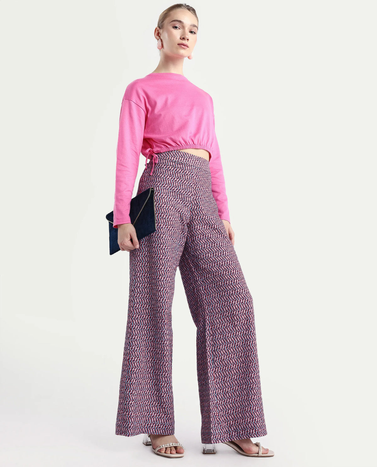 Rareism Women's Juin Dark Multi Cotton Blend Geometric Print Ankle Length Wide Leg Trouser