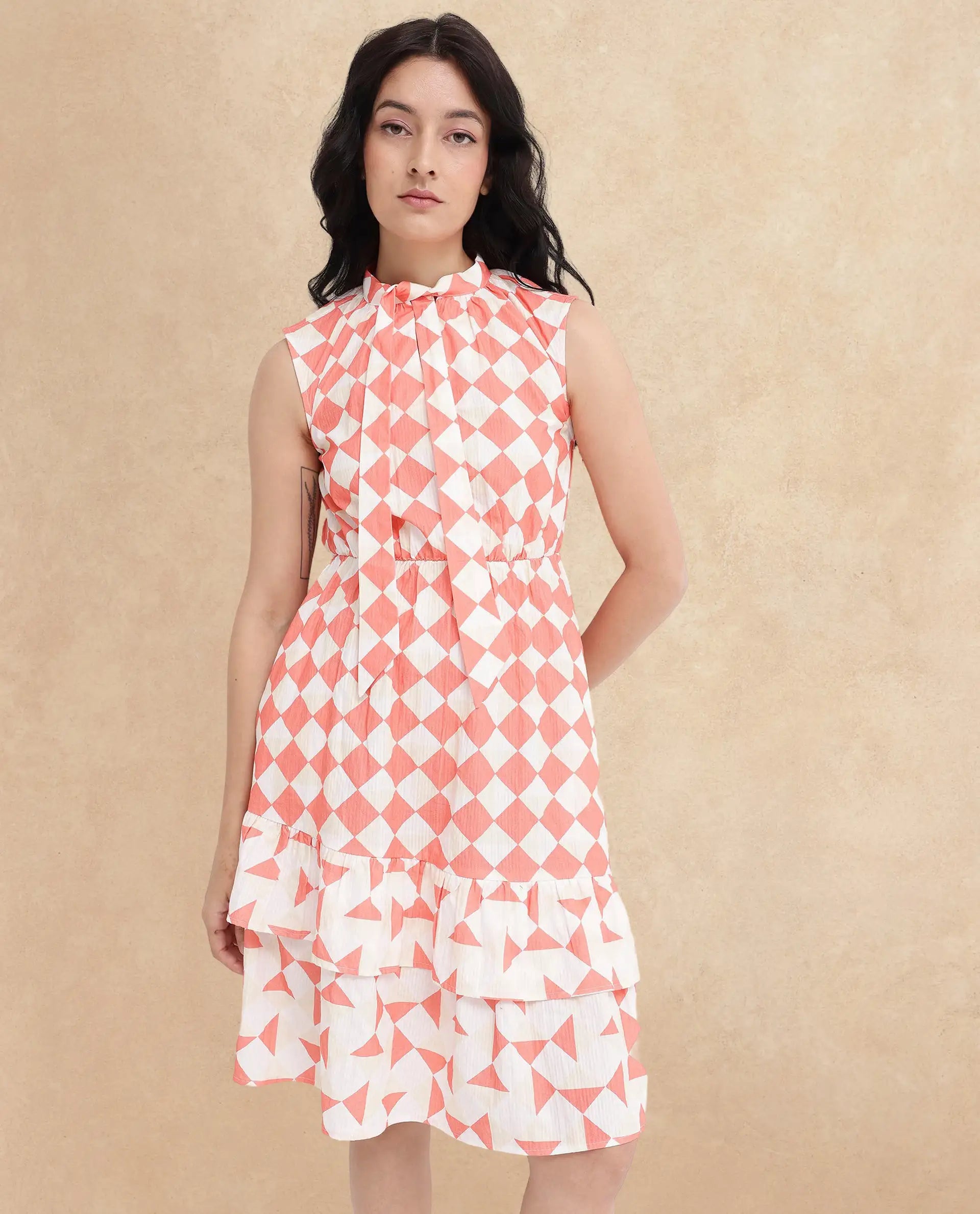 Rareism Women's Juite Multi Cotton Blend Tie-Up Neck Geometric Print Sleeveless Knee Length Fit And Flare Dress