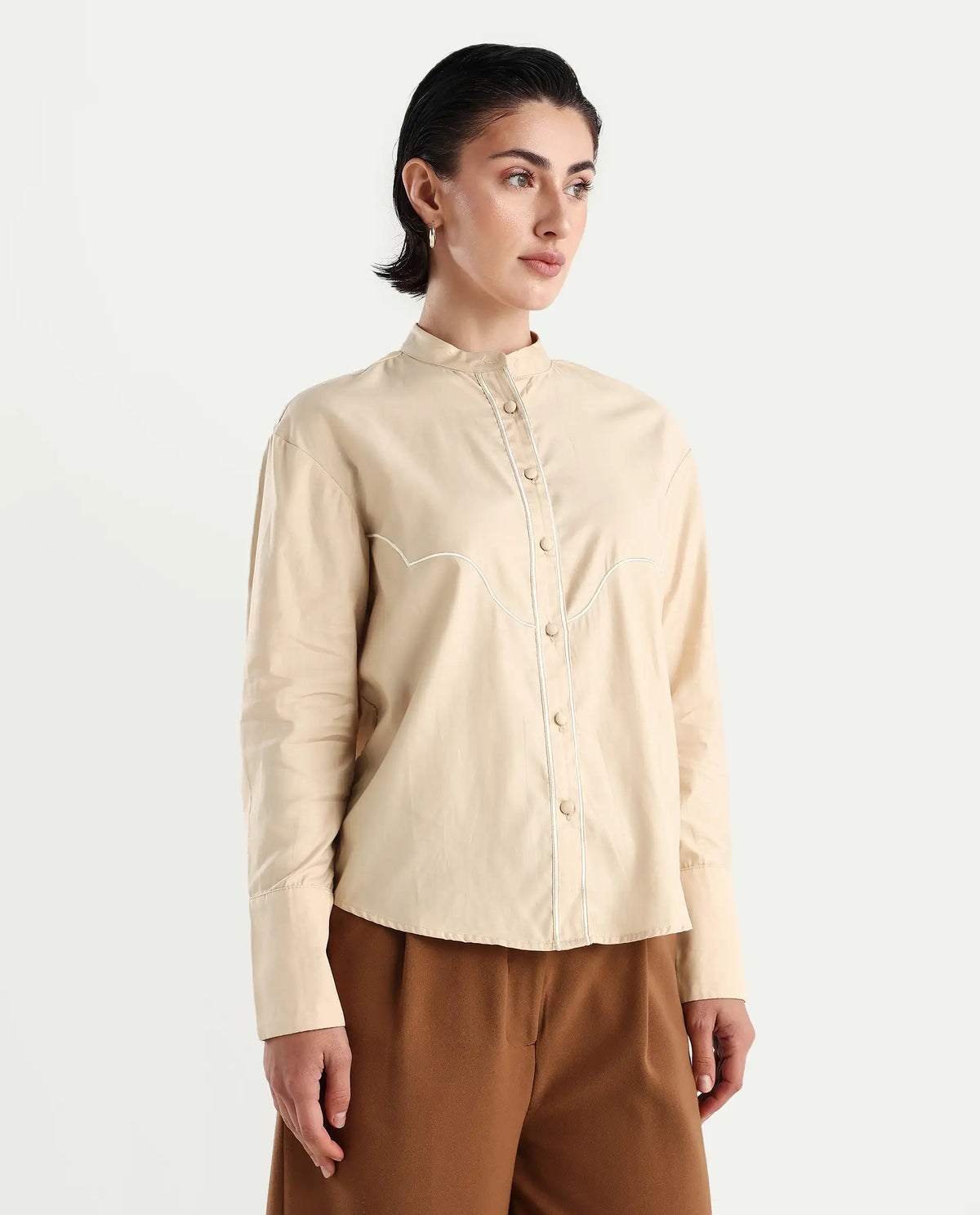 Rareism Women's Jujo Beige Cotton Blend Mandarin Collar Plain Cuffed Sleeve Regular Fit Shirt