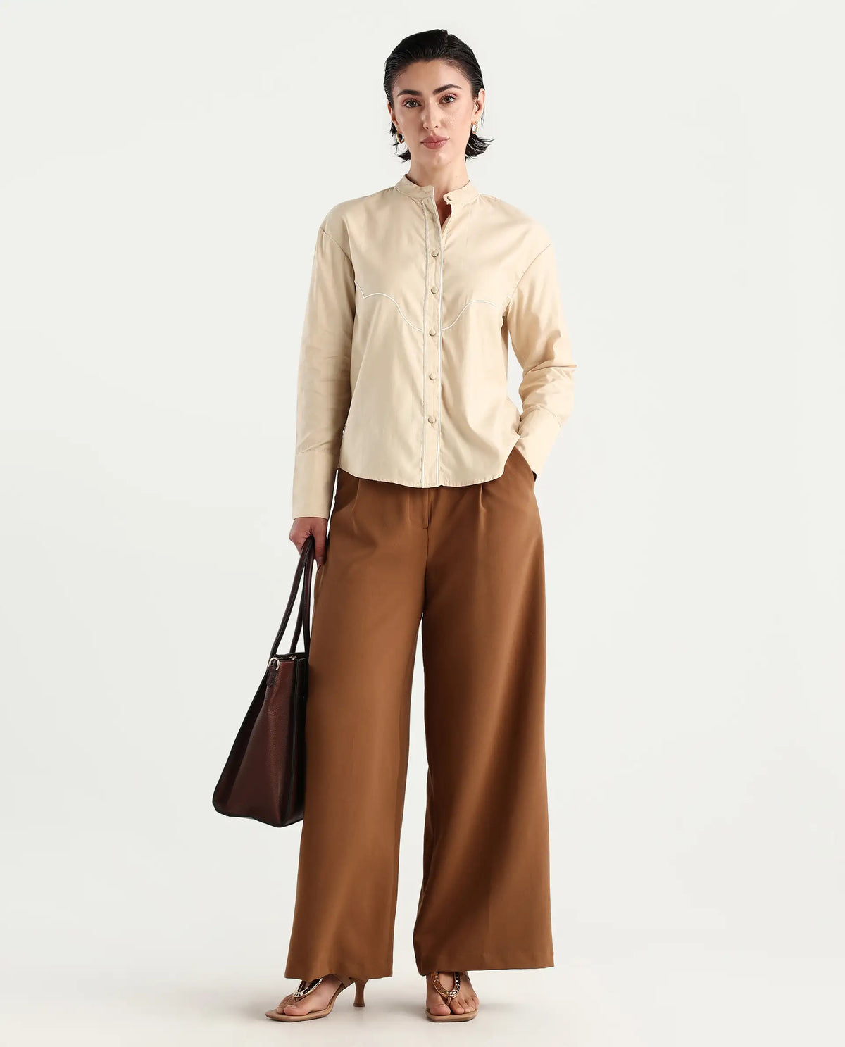 Rareism Women's Jujo Beige Cotton Blend Mandarin Collar Plain Cuffed Sleeve Regular Fit Shirt