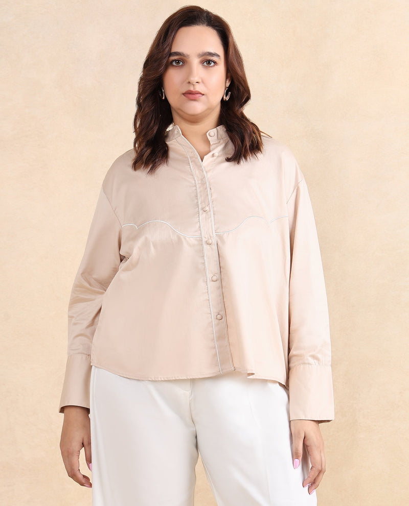 Rareism Women Jujo Beige Cotton Satin Fabric Cuffed Sleeve Mandarin Collar Button Closure Plain Shirt