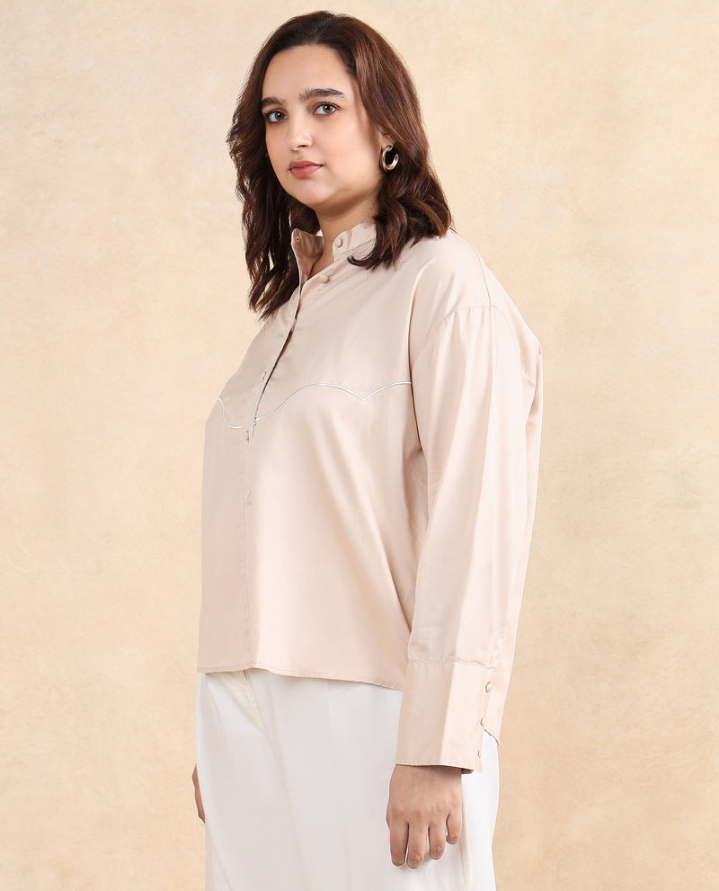 Rareism Women Jujo Beige Cotton Satin Fabric Cuffed Sleeve Mandarin Collar Button Closure Plain Shirt