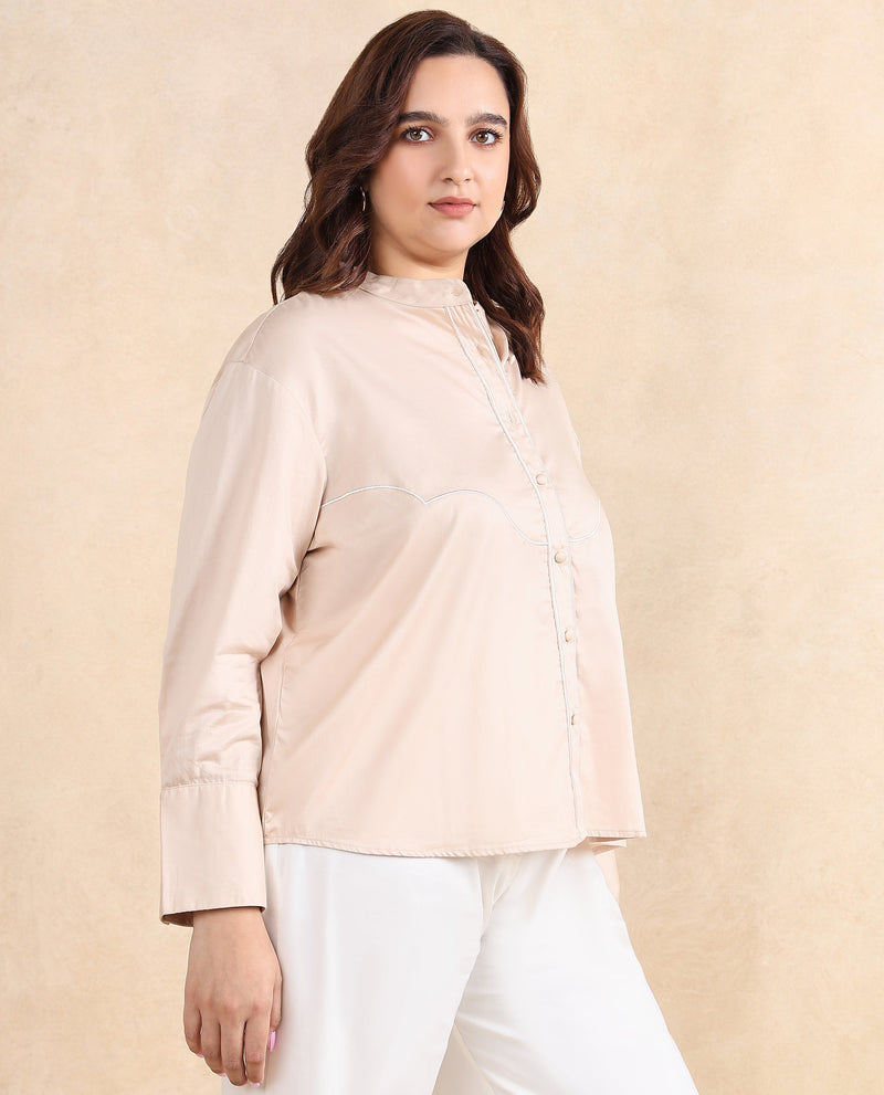 Rareism Women Jujo Beige Cotton Satin Fabric Cuffed Sleeve Mandarin Collar Button Closure Plain Shirt