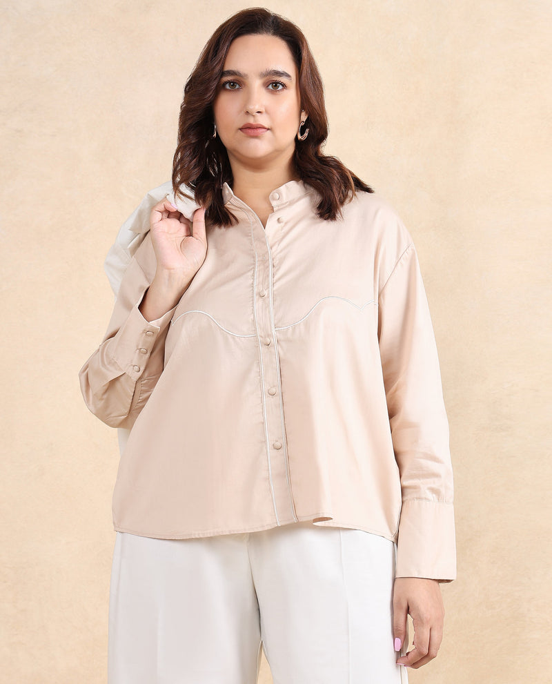 Rareism Women Jujo Beige Cotton Satin Fabric Cuffed Sleeve Mandarin Collar Button Closure Plain Shirt