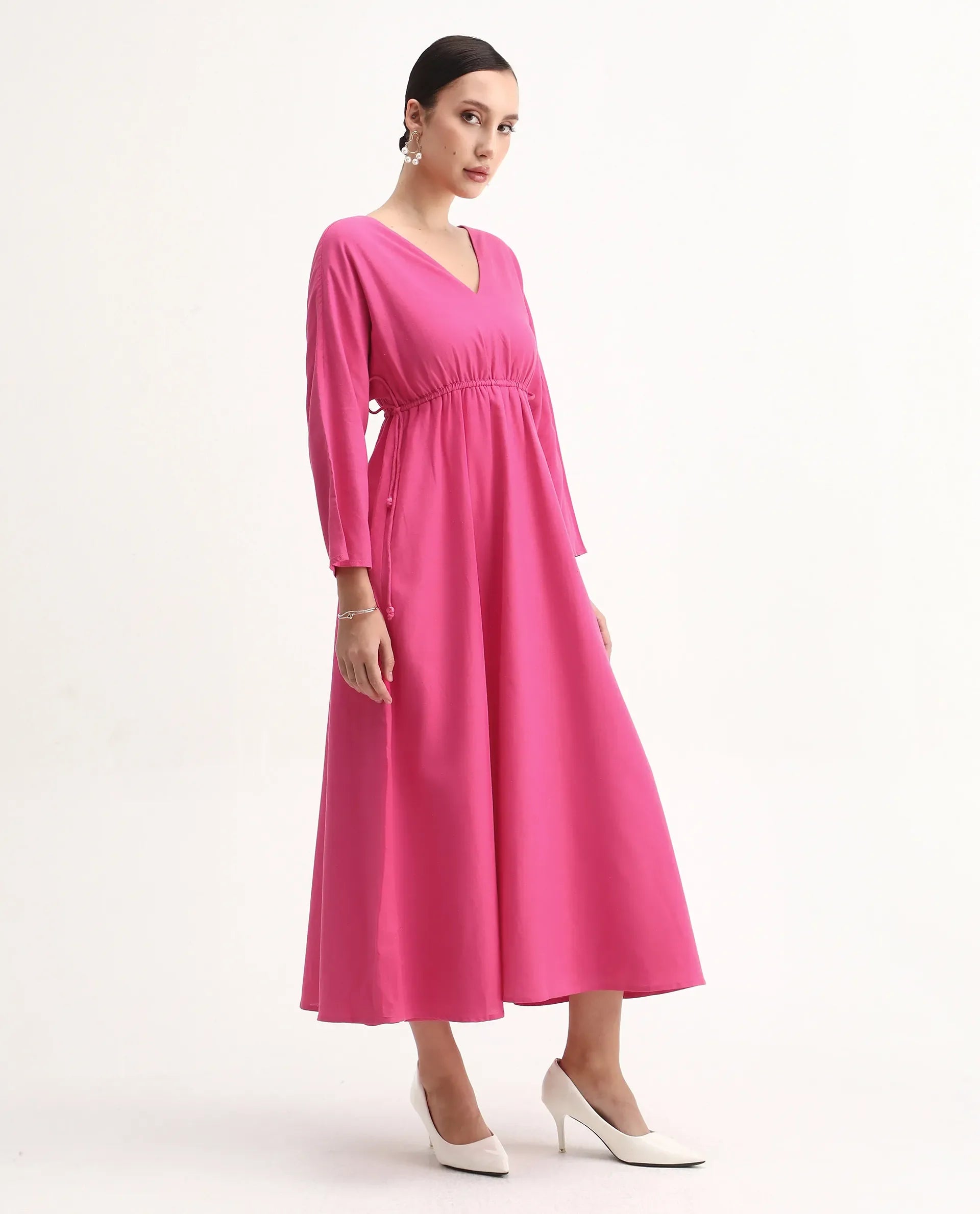 Rareism Women's Julan Pink Viscose Blend Kimono Sleeve V-Neck Fit And Flare Fit Plain Dress
