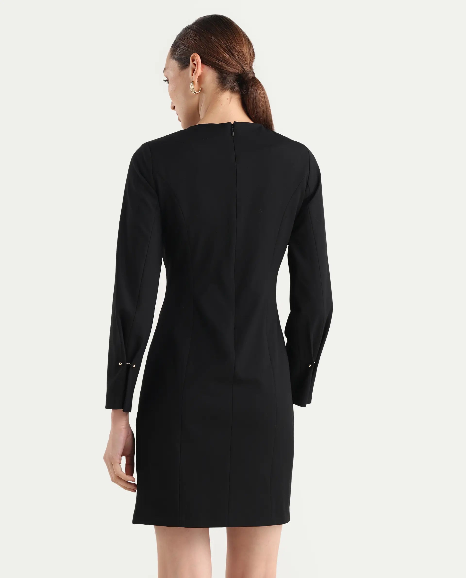 Rareism Women Juna Black Polyester Blend Solid Fitted Dress