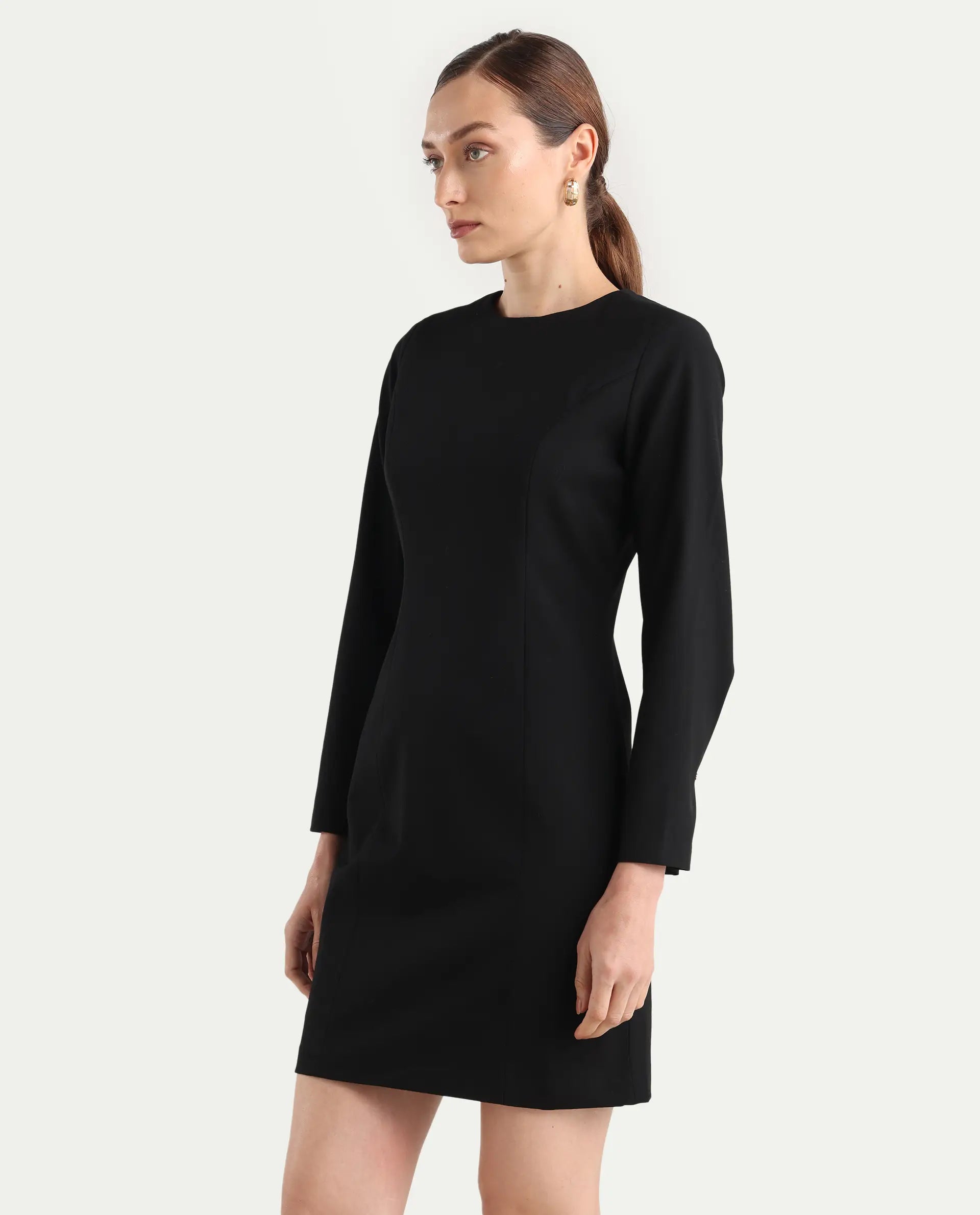 Rareism Women Juna Black Polyester Blend Solid Fitted Dress