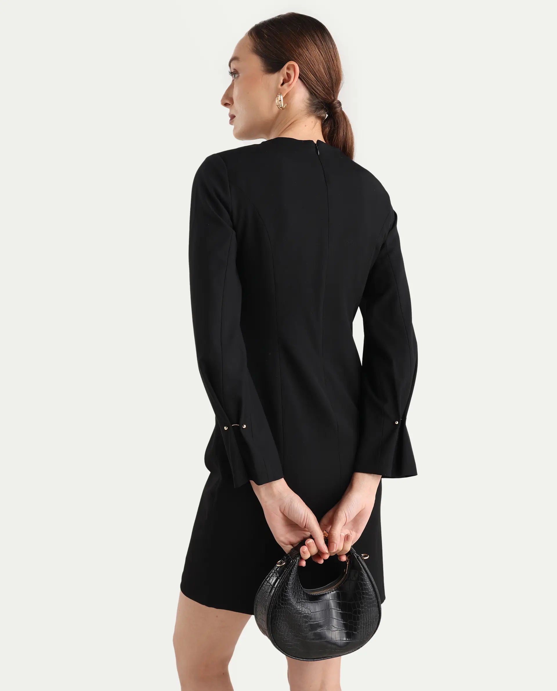 Rareism Women Juna Black Polyester Blend Solid Fitted Dress