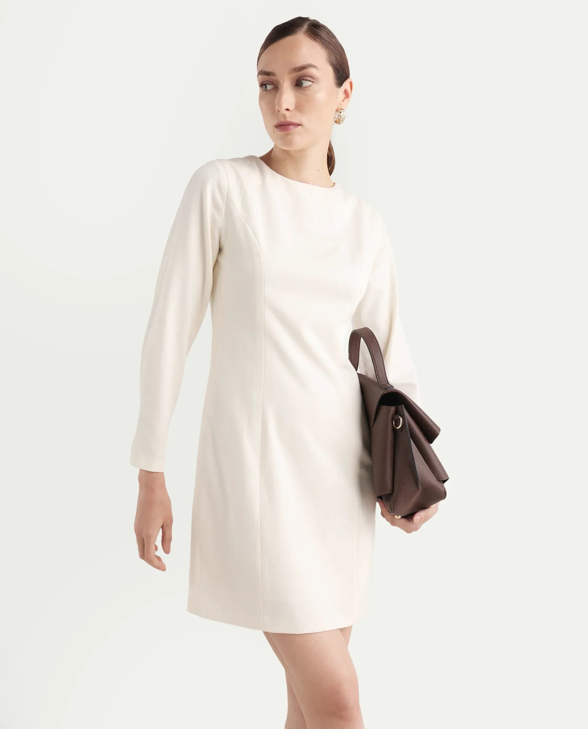 Rareism Women's Juna Off White Polyester Blend Full Sleeve Crew Neck Fitted Dress