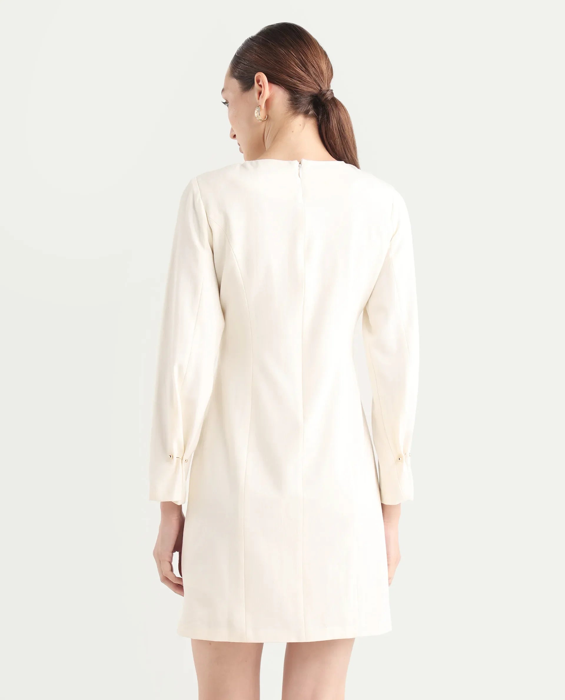 Rareism Women's Juna Off White Polyester Blend Full Sleeve Crew Neck Fitted Dress