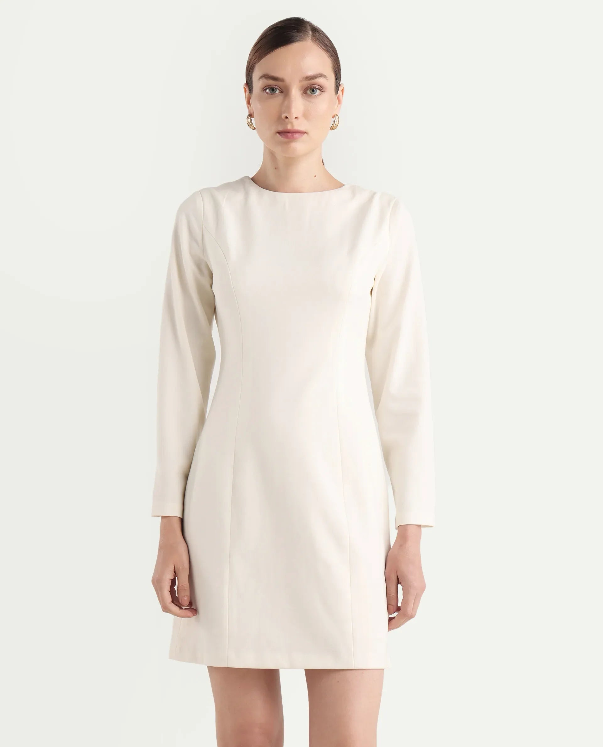 Rareism Women's Juna Off White Polyester Blend Full Sleeve Crew Neck Fitted Dress