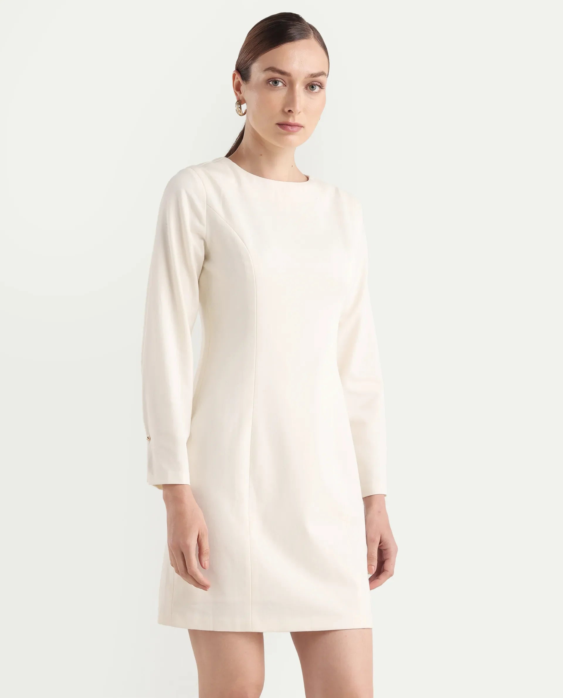 Rareism Women's Juna Off White Polyester Blend Full Sleeve Crew Neck Fitted Dress