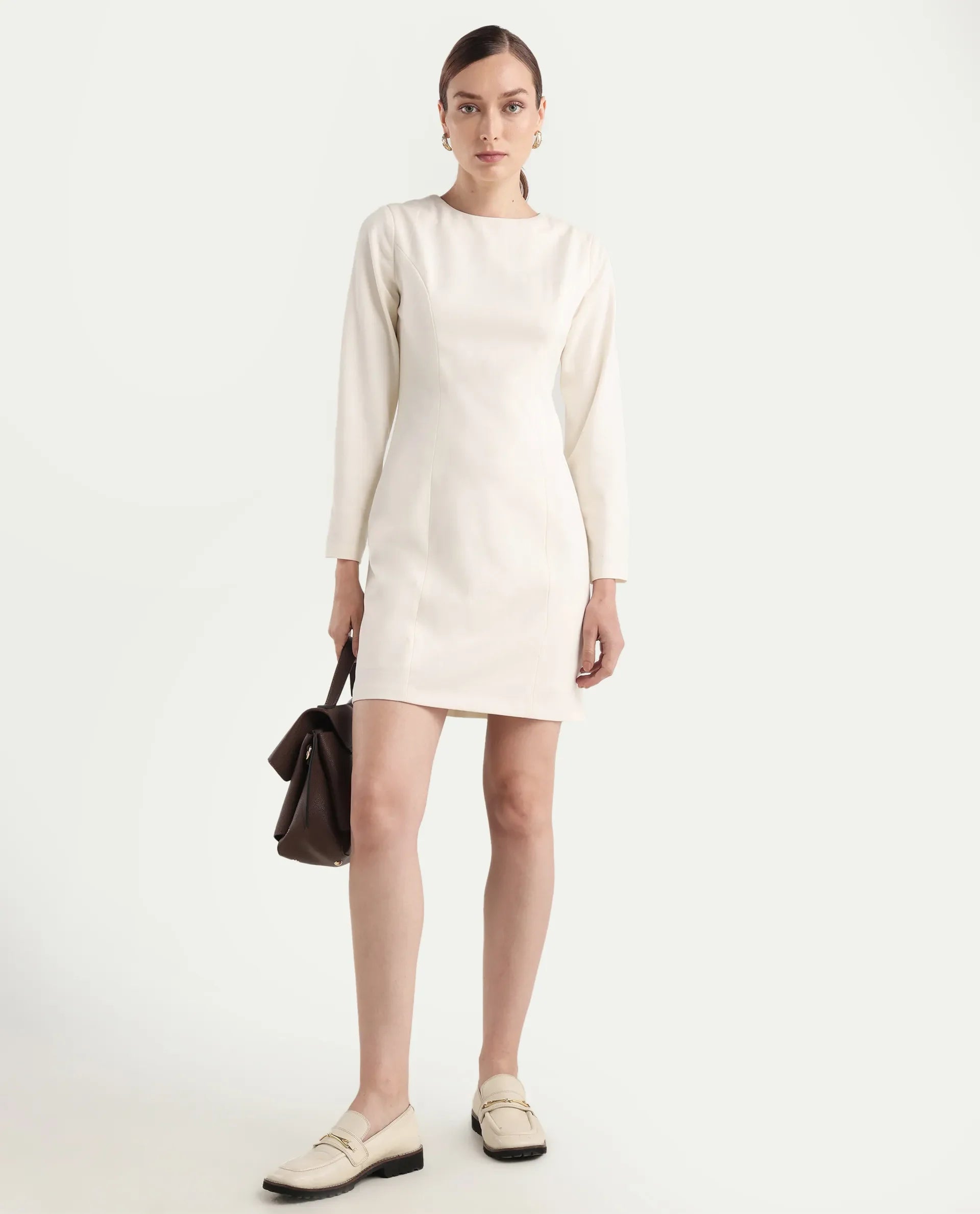 Rareism Women's Juna Off White Polyester Blend Full Sleeve Crew Neck Fitted Dress