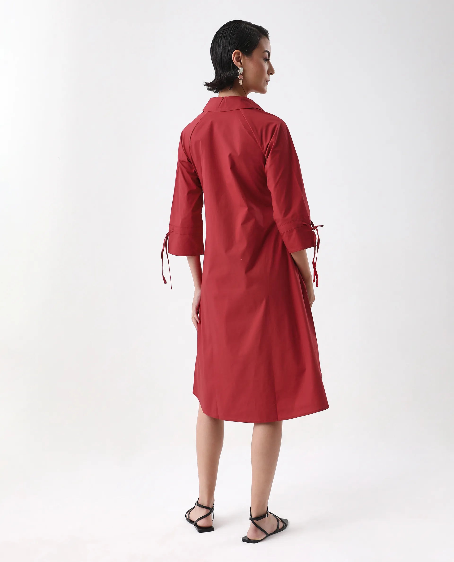 Rareism Women's Junb Dark Rust Cotton Blend Drop Collar Plain Raglan Sleeve Knee Length A-Line Dress