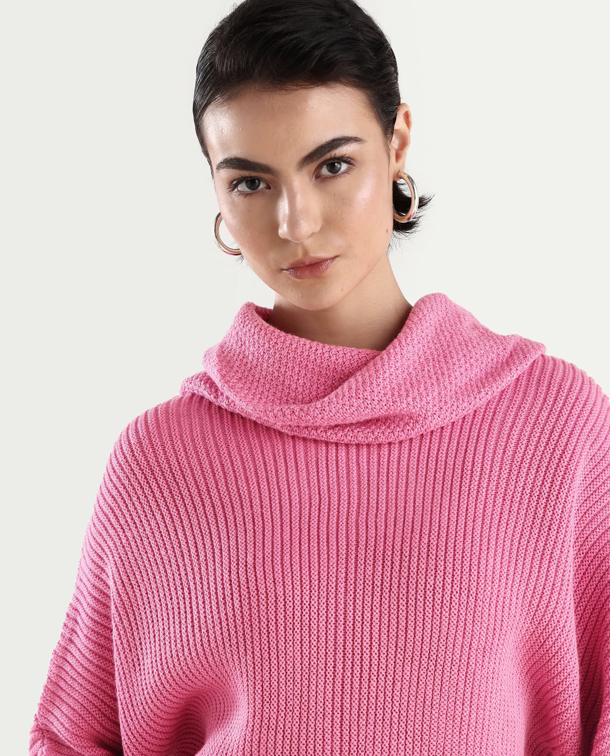 Rareism Women's June Pink Acrylic Turtle Neck Plain Kimono Sleeve Relaxed Fit Sweater