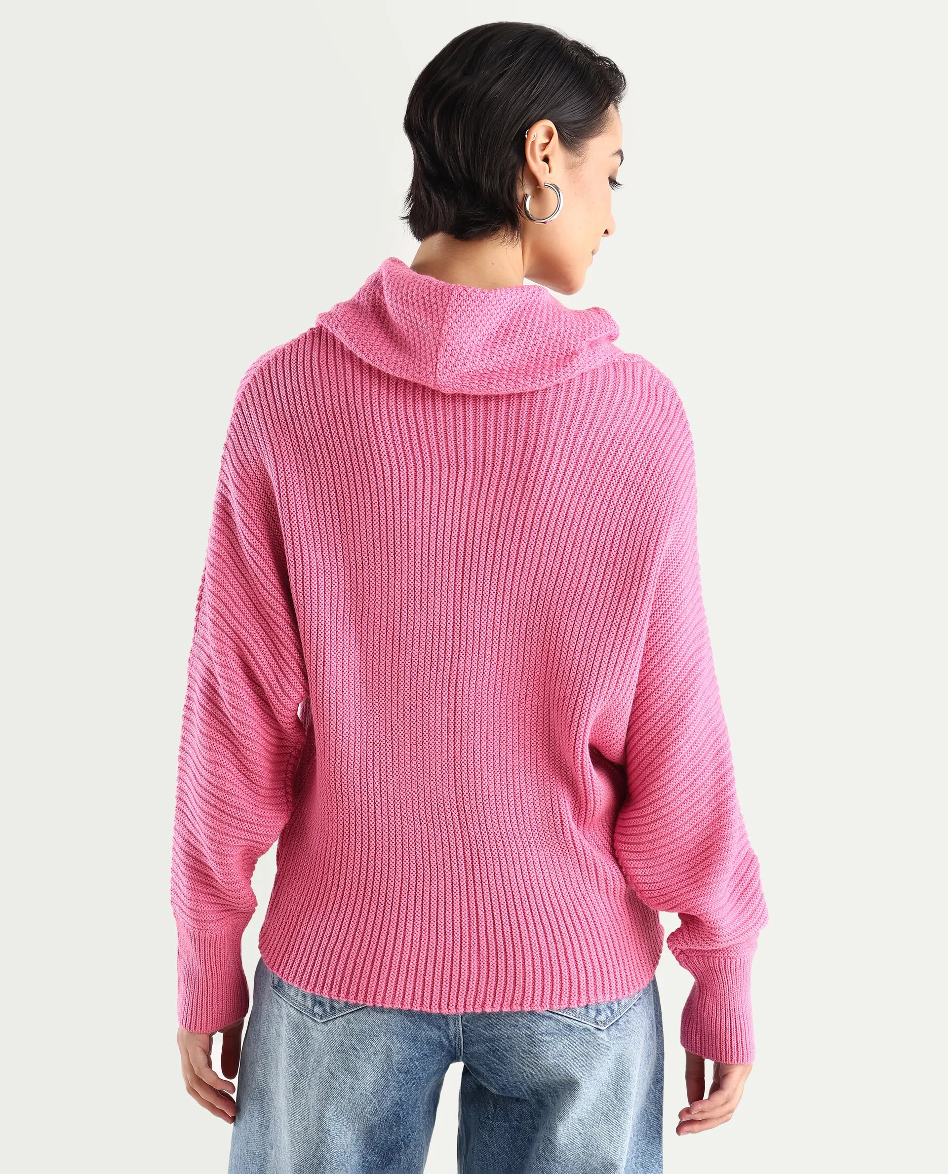 Rareism Women's June Pink Acrylic Turtle Neck Plain Kimono Sleeve Relaxed Fit Sweater