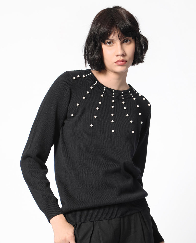 Rareism Women Junich Black Viscose Fabric Full Sleeves Round Neck Regular Fit Embellished Sweater