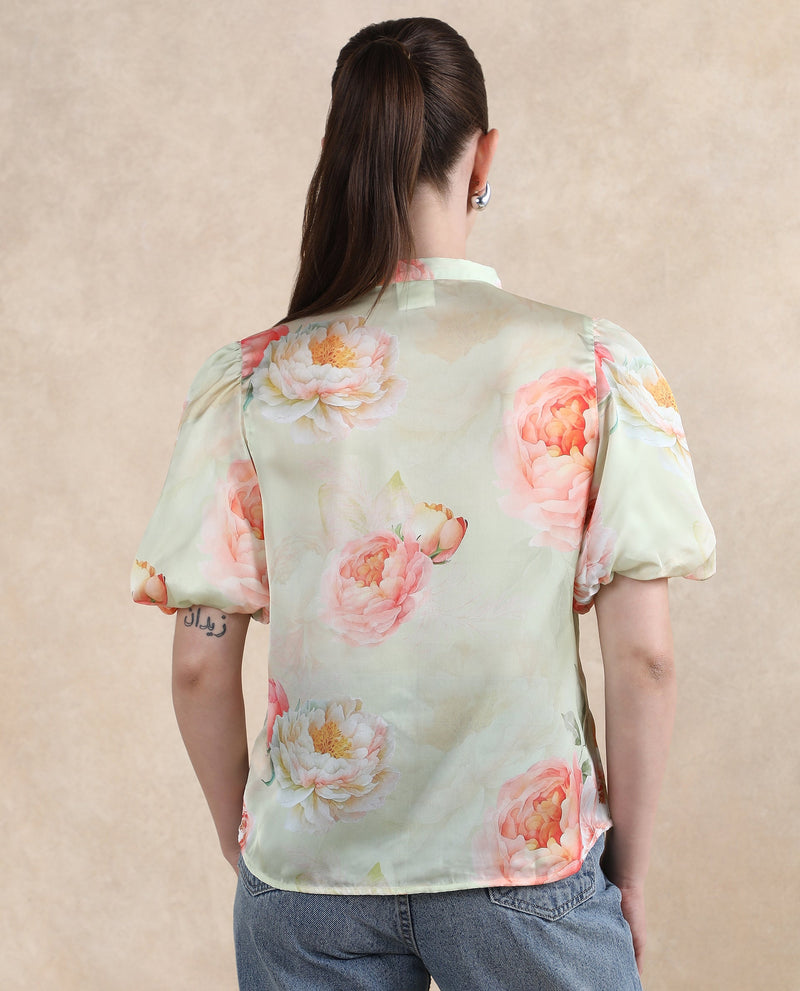 Rareism Women Jurino Light Green Balloon Sleeve Mandarin Neck  Floral Print Top