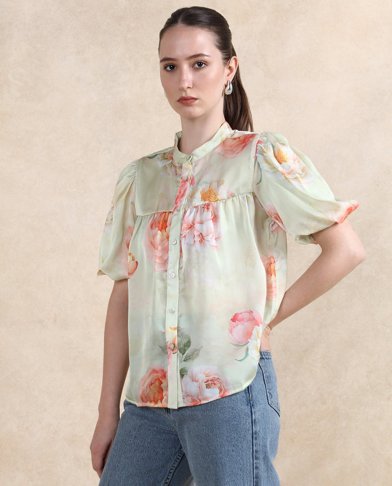 Rareism Women Jurino Light Green Balloon Sleeve Mandarin Neck  Floral Print Top