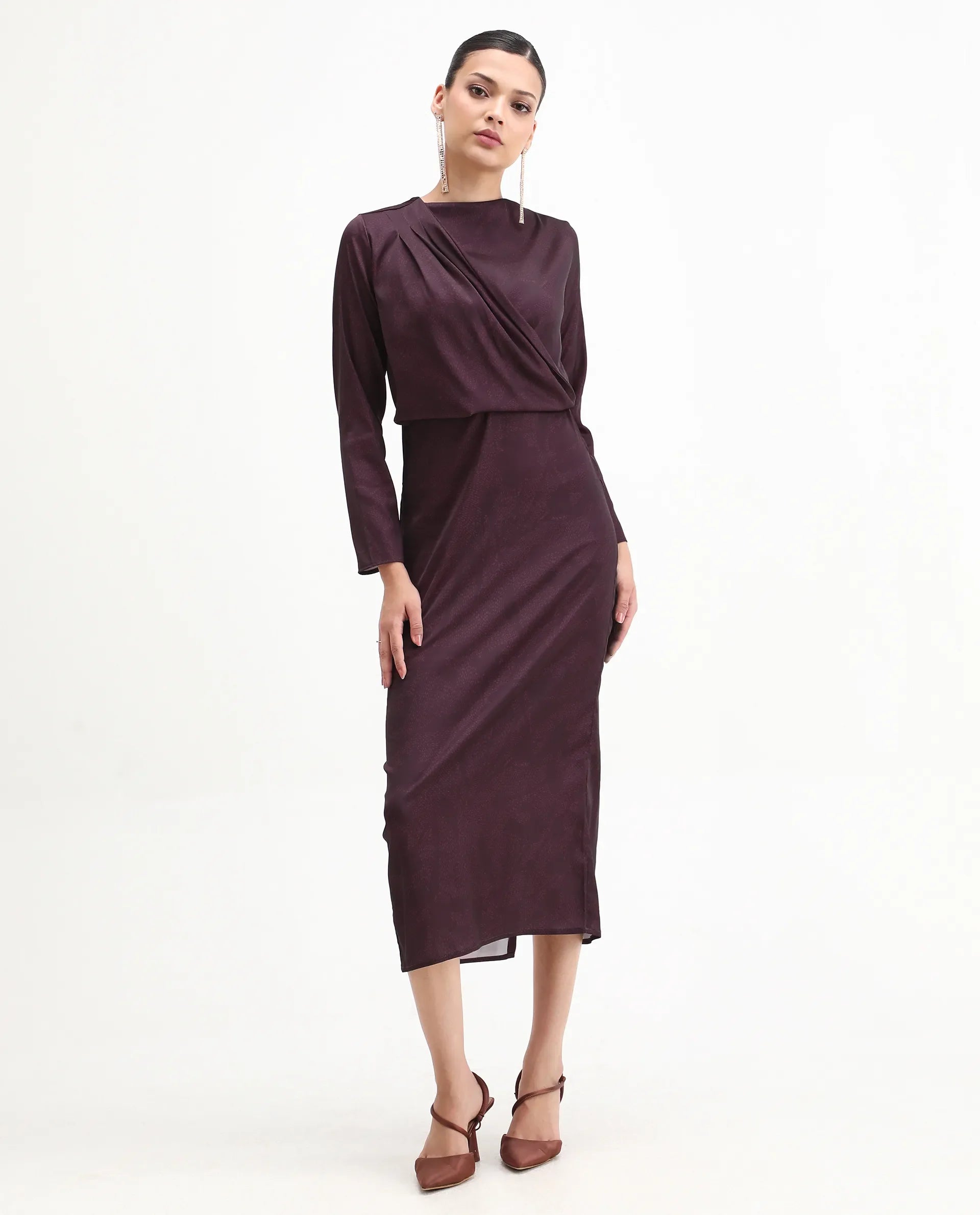 Rareism Women's Jusat Maroon Polyester Cowl Neck Straight Fit Dress