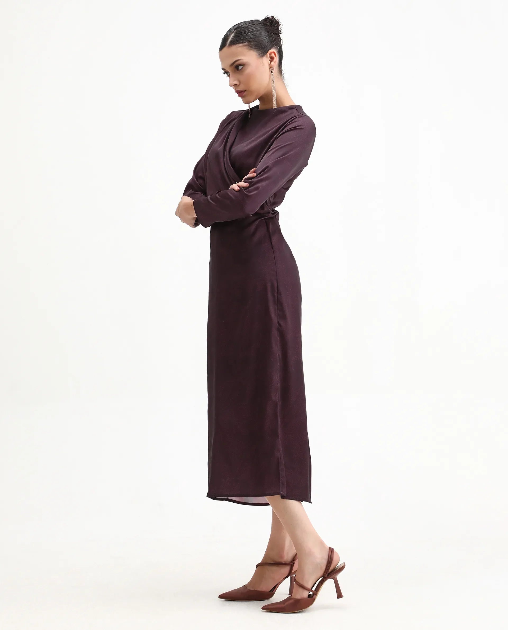 Rareism Women's Jusat Maroon Polyester Cowl Neck Straight Fit Dress
