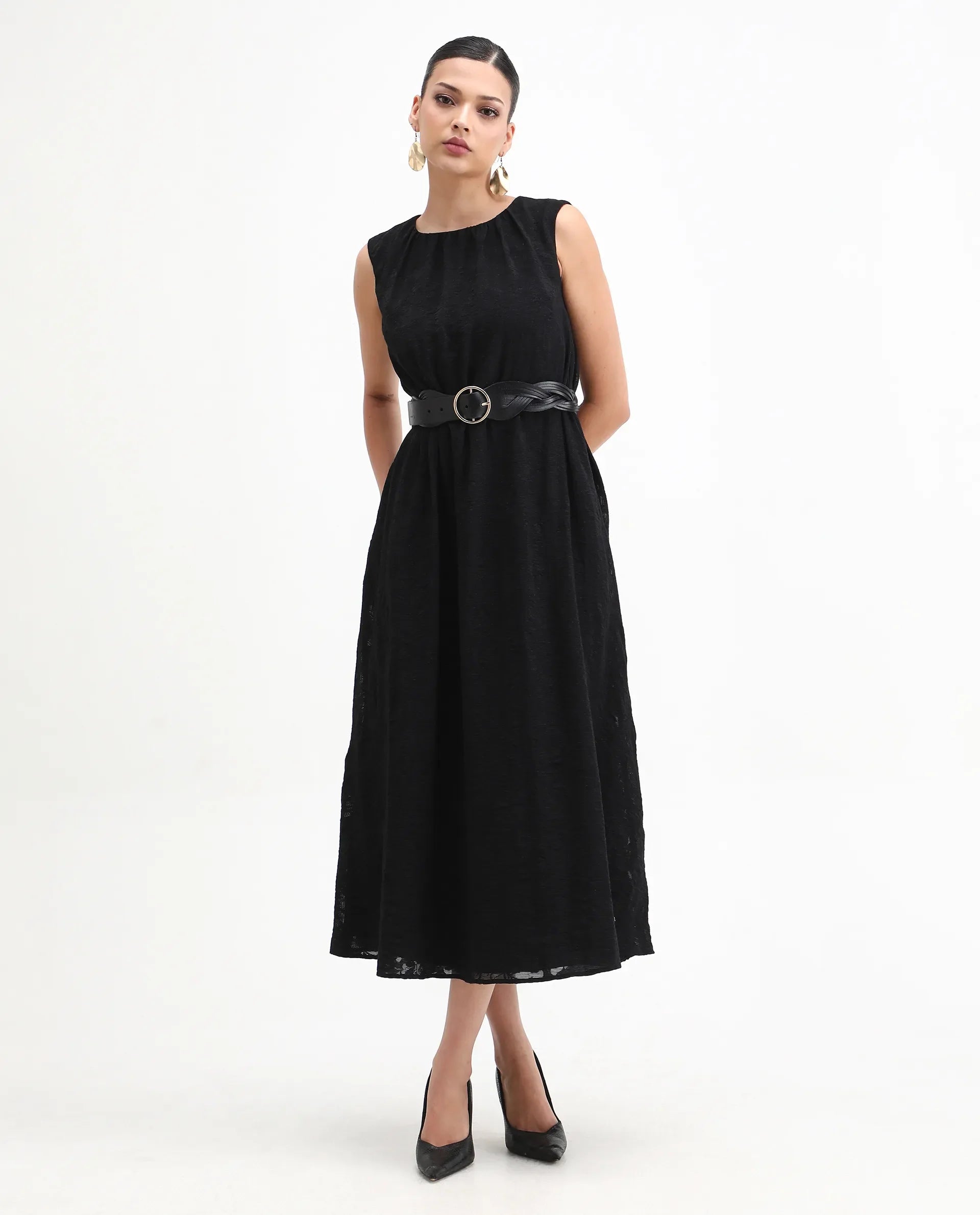 Rareism Women's Juten Black Nylon Blend Sleeveless Crew Neck Flared Fit Plain Dress