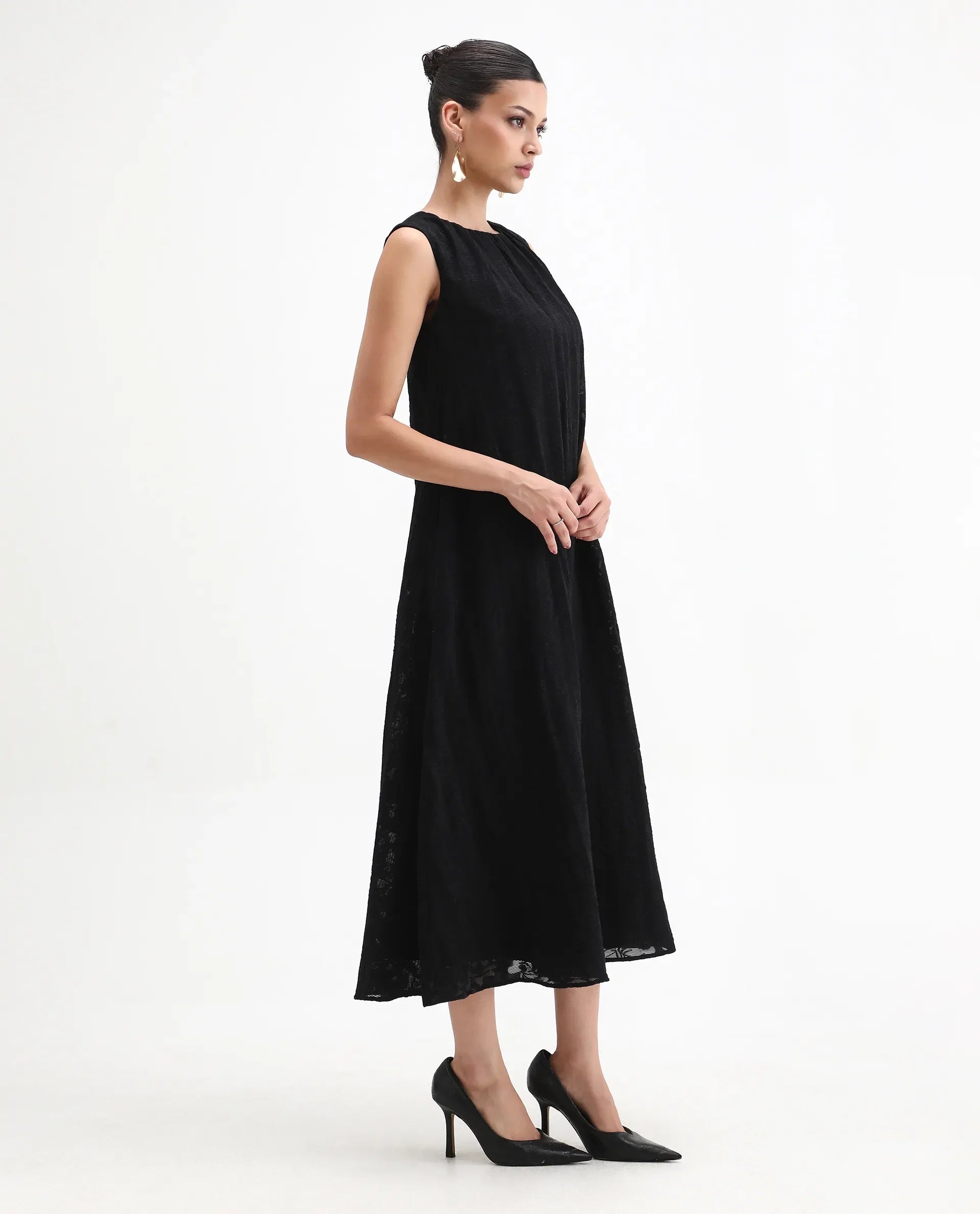 Rareism Women's Juten Black Nylon Blend Sleeveless Crew Neck Flared Fit Plain Dress